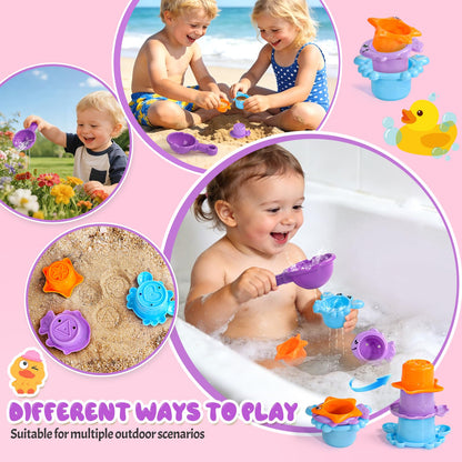 Baby Bath Toys for Kids Ages 1-3 Interactive Toddler Bath Toys Duck Learning Mold Free Shower Tub Toys for 1+ Year Old Girl Gifts with 3 Stacking Cups & 1 Water Spoon(Pink)