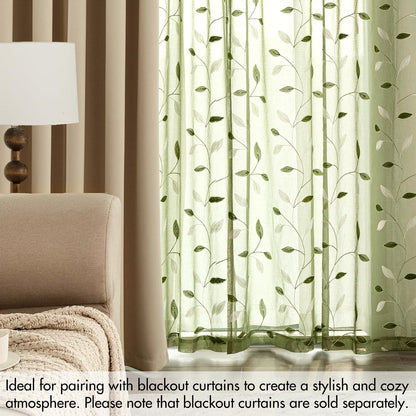 MIULEE Sage Green Sheer Curtains 2 Panels Embroidered Leaf Patterned Rod Pocket Floral Semi Sheer Faux Linen Window Curtains Drapes Set for Living Room Bedroom Dining Room, 52x84 Inches Long