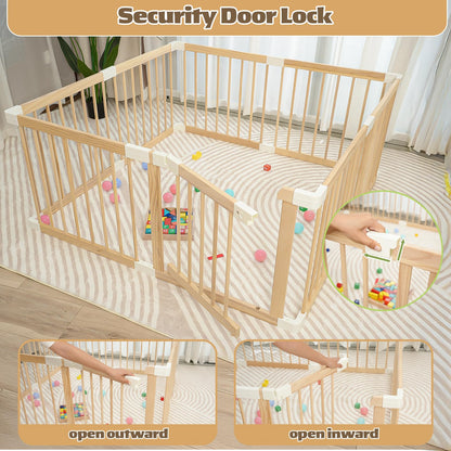 Baby Playpen,Wooden and Toddler Playpen,Play Pen for Babies and Toddlers Kids Indoor,Wooden Babies with Locking Baby Gate,Easy to Assemble,Play Pen Area Indoor(53x53x24 Inch)