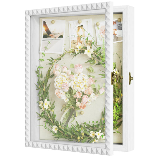 SZQINJI Shadow Box Frame 11x14 Deep Large Shadow Box Display Cases Wood Memory Box with Diamond Shape Door Vintage Lock for Graduation Medals Photos Baby Wedding Flower Pet Memorial Keepsakes White