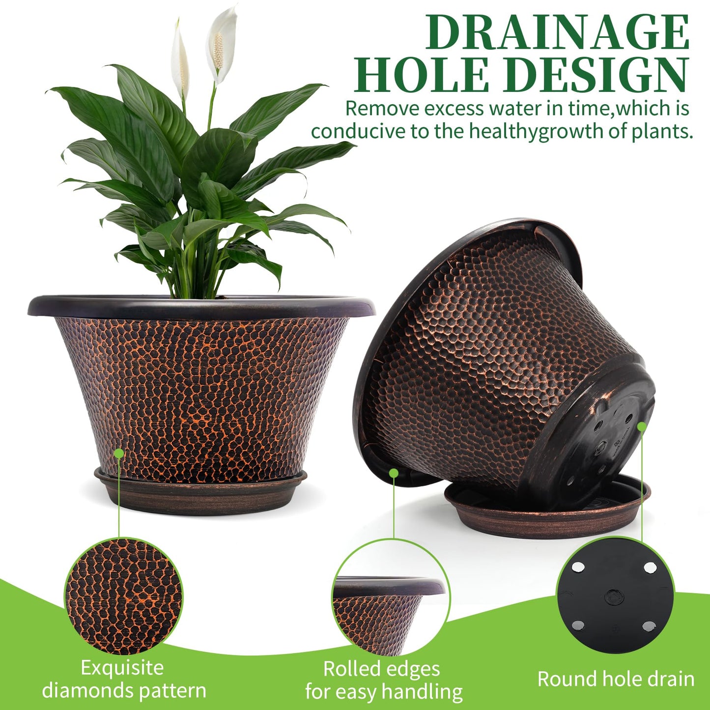 Quarut 12 Inch Pots for Plants,4 Pack Large Flower Pots with Drainage Hole & Saucer,Modern Planters for Indoor Outdoor Plants,Decorative Resin Garden Pots Brown