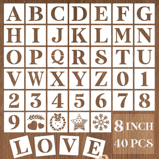 YEAJON 8 Inch Letter Stencils and Numbers, 40 Pcs Alphabet Drawing Templates, Reusable Plastic Art Craft Stencils for Painting on Wood, Wall, Fabric, Rock, Signage, Door Porch