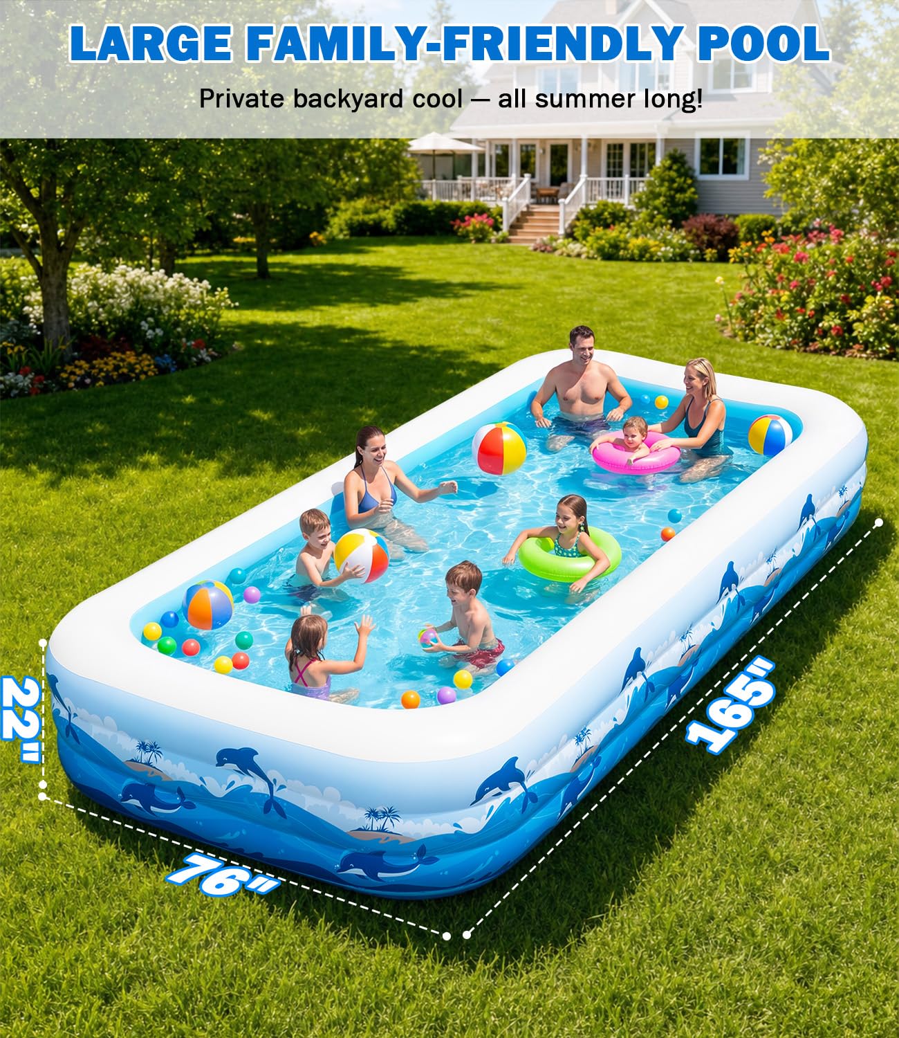 165" x 76" x 22" Oversized Thickened Inflatable Pool with Pump, Blow Up Family Swimming Pool for Adults Kids, Backyard Outdoor Summer Water Party Pool