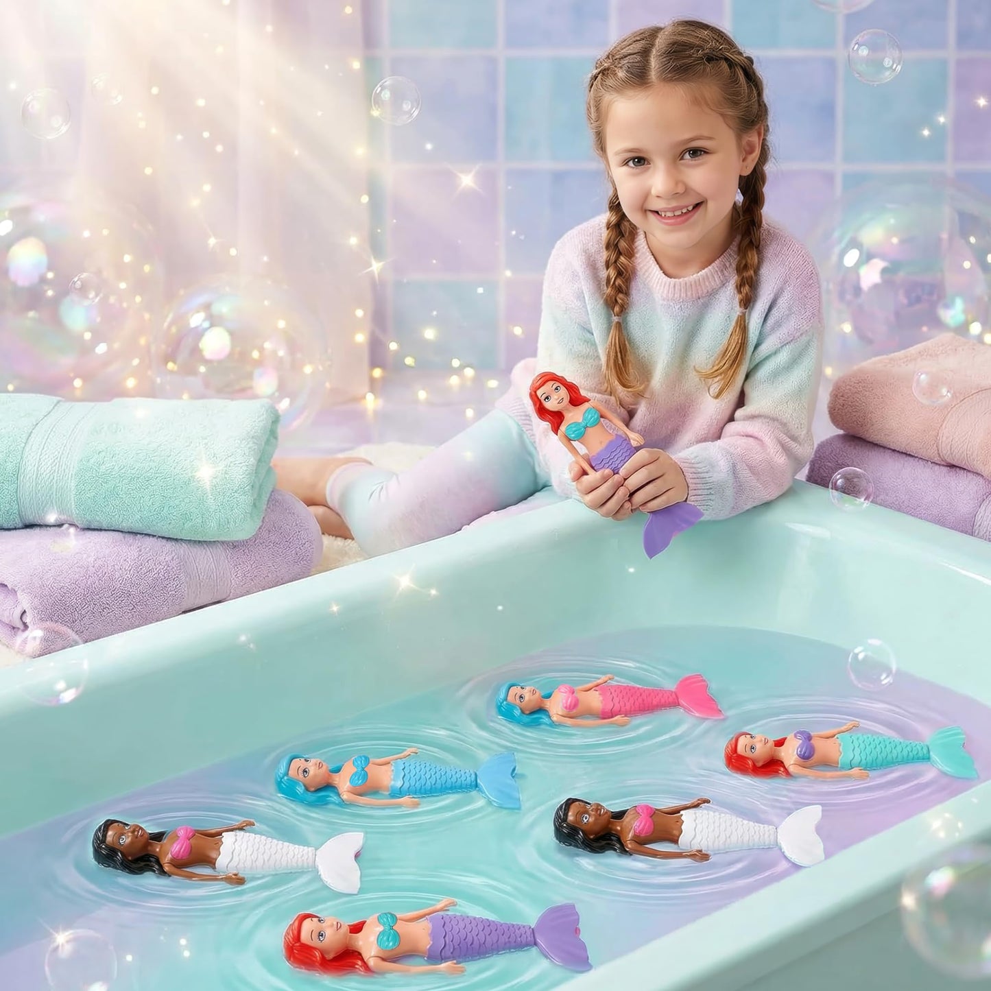 Mermaid Bath Toys for Toddlers Kids Girls - Princess Wind Up Tail Flap Floating Water Bathtub Toys, Swimming Pool Bathing Time Fun (4 Pack)