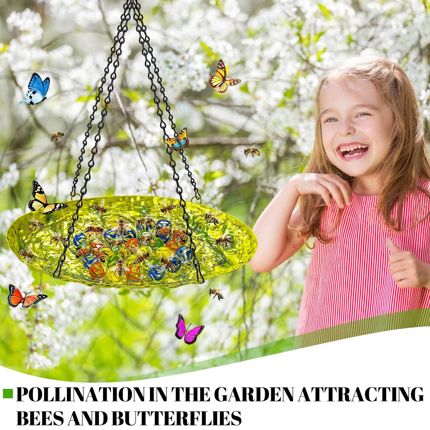 Bee Watering Station for Outside, Hanging Bee Butterfly Feeder for Garden, Metal Butterfly Puddler with Stone Texture Bee Drinking Bowl with Glass Marbles for Outdoors Yard Decor (Hanging-Ellipses)