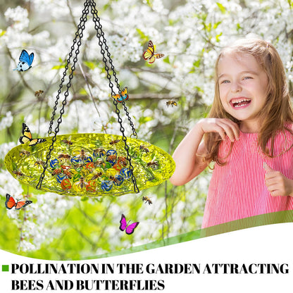 Bee Watering Station for Outside, Hanging Bee Butterfly Feeder for Garden, Metal Butterfly Puddler with Stone Texture Bee Drinking Bowl with Glass Marbles for Outdoors Yard Decor (Hanging-Ellipses)