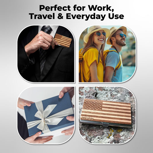 WUDN Handcrafted Business Card Holder Wallet For Men and Women | Holds Up to 20-25 B-Cards or 8-10 Credit Cards | Wooden & Stainless Business Card Case with Buckle Closure, Made in Idaho, USA.