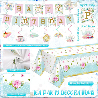 SiliFine 106 Pcs Tea Party Supplies for 12 Guests Include Plates Tea Cups Saucers Napkins Cupcake Stand Tablecloth Banners Floral Tea Party Tableware Set for Girls Birthday Baby Shower Party Favors