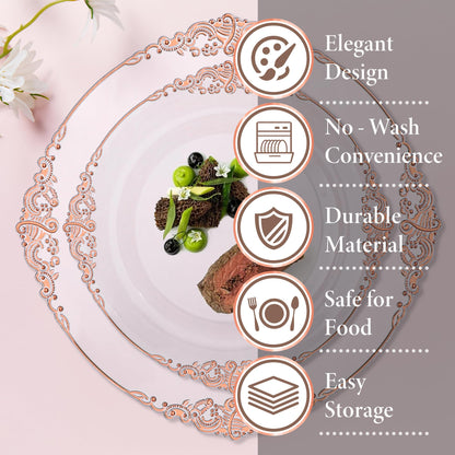 Nervure 175PCS Rose Gold Plastic Plates - Disposable Rose Gold Party Plates & Pre Rolled Napkins with Cutlery for 25 Guests, 50Plates, 75Silverware, 25Cups, 25Napkin for Wedding & Party & Mothers Day