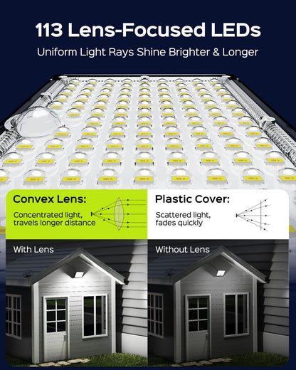 JACKYLED Motion Solar Lights Outdoor, 113 LED Cool White Bright Solar Flood Lights Waterproof, Dusk to Dawn Outdoor Solar Powered Security Lights for Fence Porch Patio Yard Garage, 2 Pack
