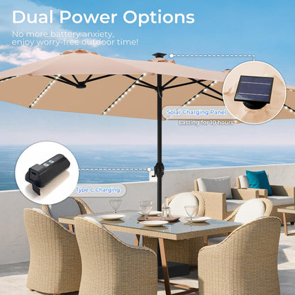 SUPERJARE 15ft Large Patio Umbrella with Base included, Double Sided Outdoor Umbrella with Solar Lights, Pool Umbrella with Fade Resistant Canopy for Deck, Porch, Yard, Balcony, Beige