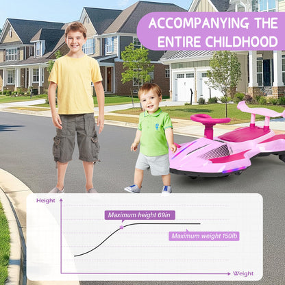 12V Electric Wiggle Car with Pedal for Kids, Rechargeable 2 in 1 Swing Car, Drifting Ride On Toys with Backrest, Anti-Rollover, Spray, Flashing Light, Music, for Ages 3 and Up (Pink)