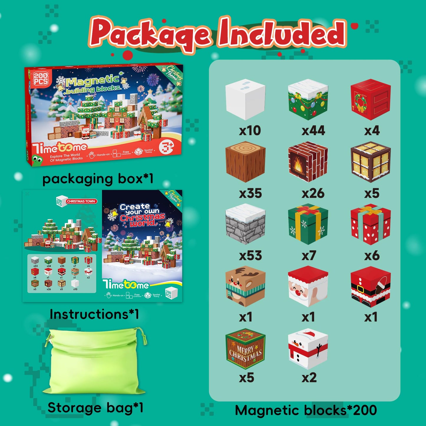 Timetome Magnetic Blocks, 200PCS Magnetic Building Block Cubes, STEM Montessori Sensory Toys for Kids Boys Girls Ages 3 4 5 6 7 8 9 10 (Christmas Version)