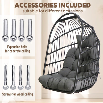 Chihee Egg Chair Foldable Wicker Rattan Hanging Swing Chairs Indoor Outdoor Patio Wicker Chair Hammock Chair with Stainless Steel Hanging Kit Chain Link UV Resistant Cushion Bedroom Balcony