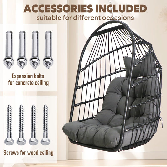 Chihee Egg Chair Foldable Wicker Rattan Hanging Swing Chairs Indoor Outdoor Patio Wicker Chair Hammock Chair with Stainless Steel Hanging Kit Chain Link UV Resistant Cushion Bedroom Balcony