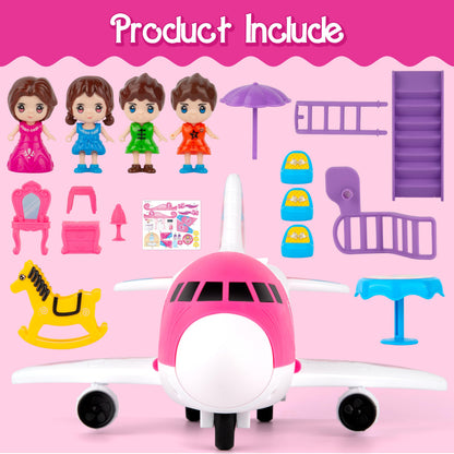 XDUOYJOY Pink Airplane Toy for Kids, Plane Toys with Dolls, Furniture and Accessories for Boys Girls Birthday, Toy Aircraft Push and Go Action, Easy to Store