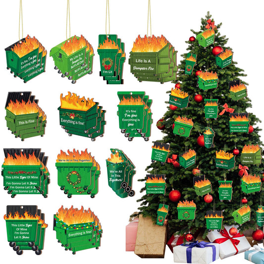 Vercraft 36 Pcs Dumpster Flame Christmas Ornaments 2026 Its Fine Im Fine Everything is Fines Funny Wooden Christmas Hanging Ornaments for Xmas Tree Holiday Decorations