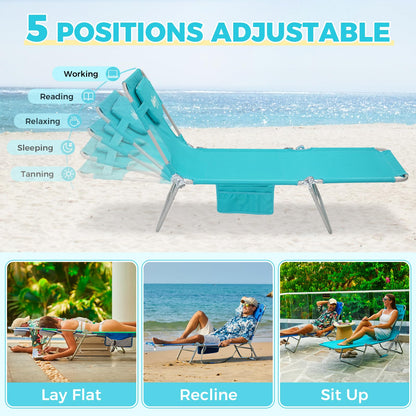 #WEJOY Folding Tanning Chair with Face Hole, 5 Positions Face Down Beach Lounge Chairs with Pillow for Outside Sunbathing Poolside (Cyan)