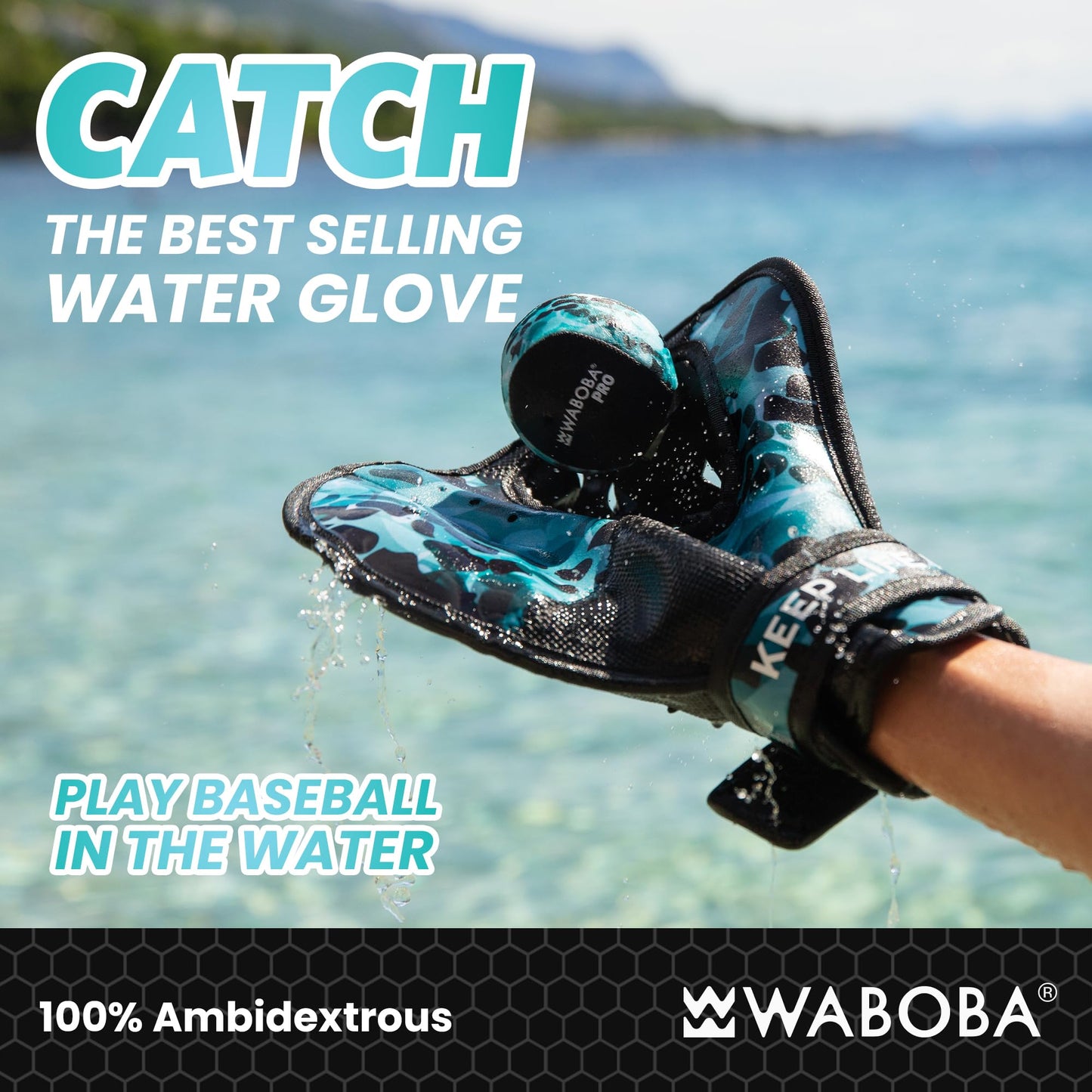 Waboba Catch Water Gloves Pro Water Bouncing Ball Set - for Beach Games & Swimming Pool Toys – 2 Baseball Style Mitts for Catching Water Balls – One Size Ambidextrous Design, Black