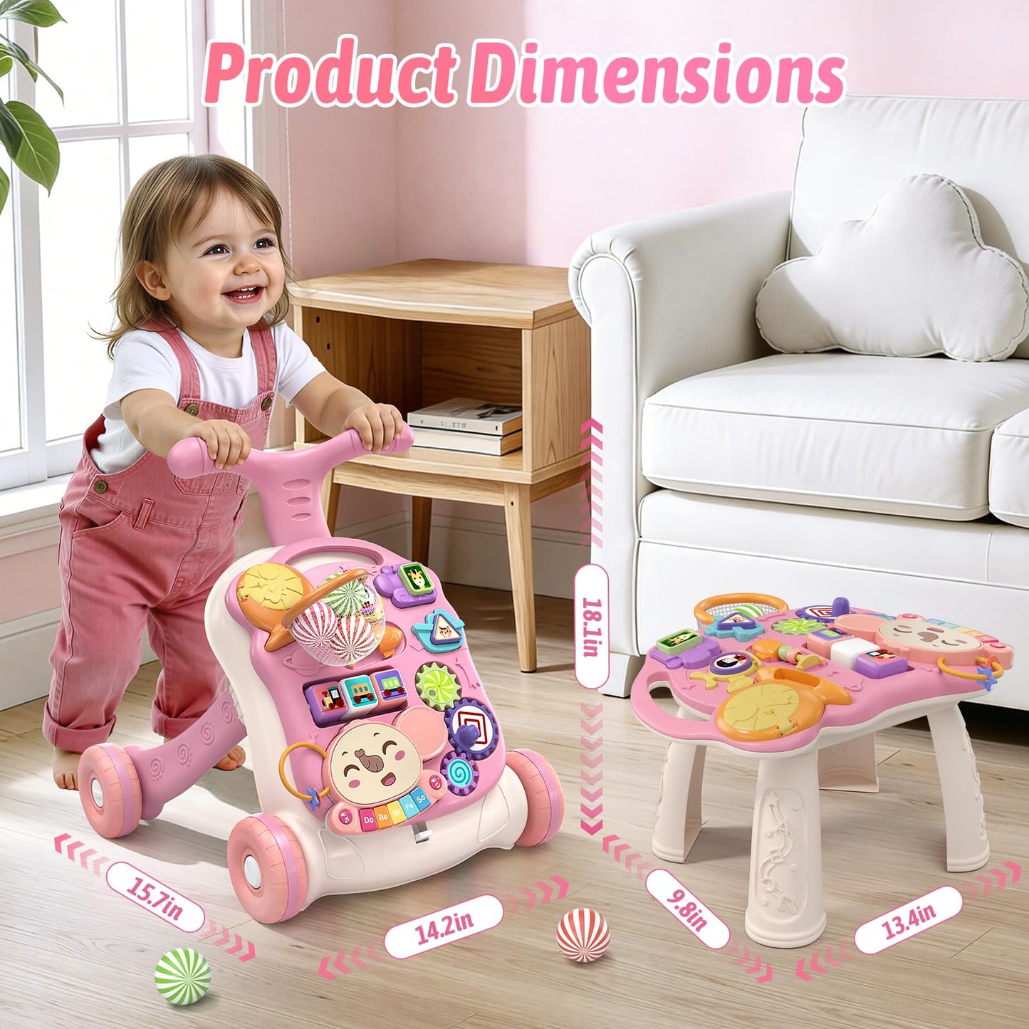 QDRAGON 3 in 1 Baby Walker and Activity Center for Girl, Learning to Walk, Sit to Stand, Early Educational Push Toys with Music Panel for Infant Toddler 12+ Months Pink