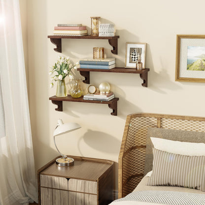 Alsonerbay Wood Floating Shelves for Wall 3 Pack, 17 inch Rustic Wall Shelves with Hook, Decorative Hanging Shelves for Bedroom Living Room Nursery Office and More Light Walnut