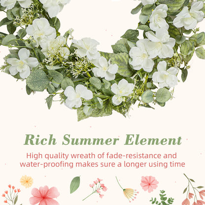 YNYLCHMX 18" Spring Summer Wreaths for Front Door, Artificial Floral Wreath with White Rose Flowers Green Eucalyptus Leaves, Green Foliage Wreath for Wall Window Farmhouse Party Holiday Home Decor