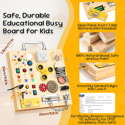 Wooden Busy Board with LED Light Montessori Baby Learning Toys for Toddlers , Sensory Activity Board, Travel Educational Toys, Boy & Girl Birthday Gift (Silver Handle)