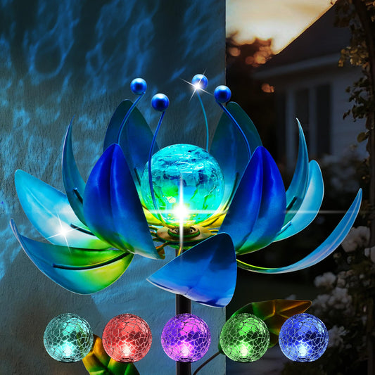 Solar Wind Spinners Outdoor, Blue Lotus Flower Garden Spinner with Cracked Glass Ball & Color-Changing LEDs, 40 Inch Metal Garden Decor for Yard, Patio Backyard Lawn Decorations