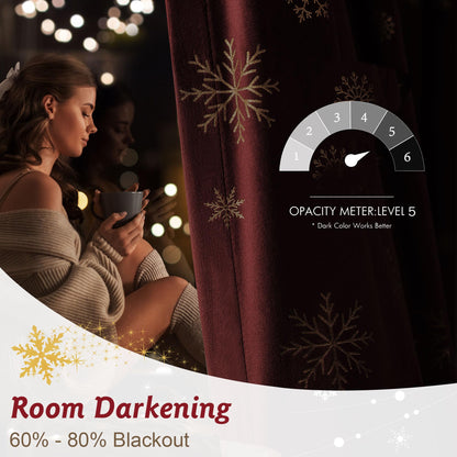 Beauoop Christmas Red Velvet Curtains 84 Inches Long 2 Panels for Bedroom Living Room Gold Snowflake Holiday Decor Burgundy Thermal Insulated Room Darkening Rod Pocket Window Treatments Drapes, 52X84