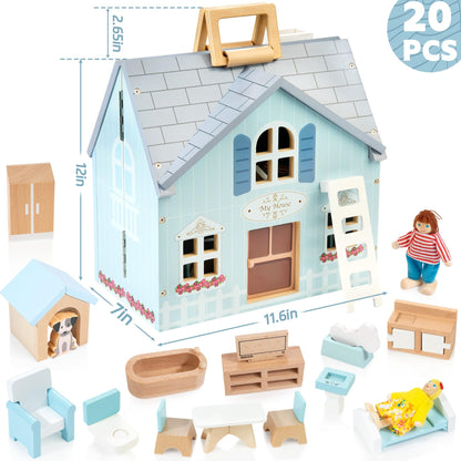 WOODMAM Foldable Wooden Dollhouse with 2 Dolls & Pet Set, 20PCS Furniture Wooden Doll House for Girls Age 3-6, Portable Pretend Play Toy, Christmas Birthday Gift for Toddlers