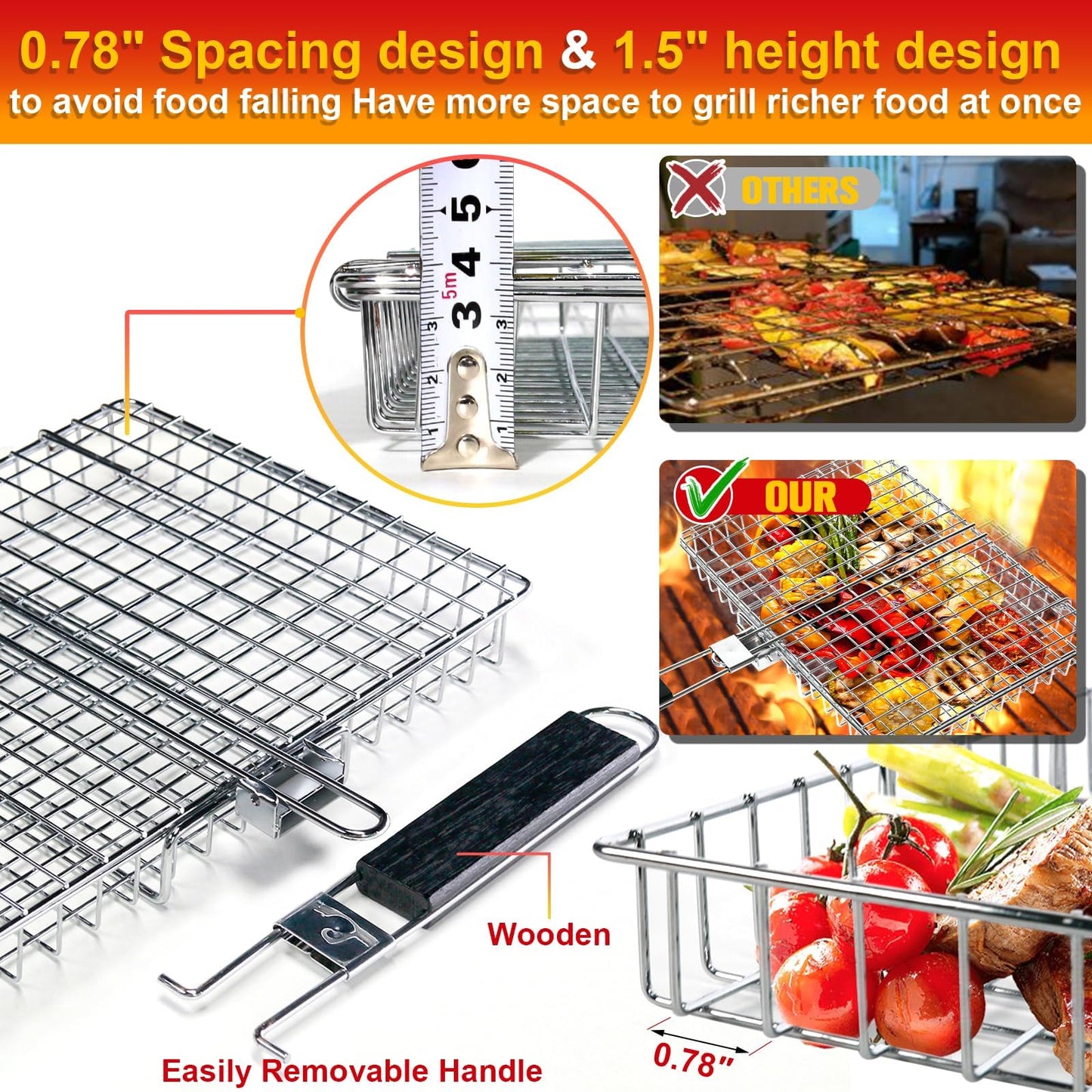 Grill Baskets for Outdoor Grill|Stainless Steel Large Grilling Basket with Removable Wooden Handle|Fish Grilling Basket Grilling for Meat,Steak,Vegetables & Seafood| Grilling Gifts for Dad/Men,Perfect Grilling Accessories