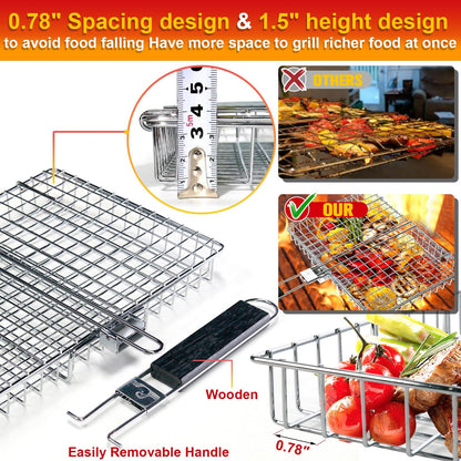 Grill Baskets for Outdoor Grill|Stainless Steel Large Grilling Basket with Removable Wooden Handle|Fish Grilling Basket Grilling for Meat,Steak,Vegetables & Seafood| Grilling Gifts for Dad/Men,Perfect Grilling Accessories