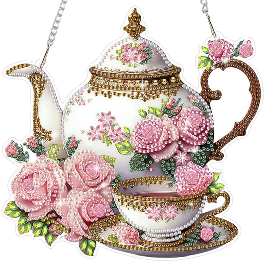 MEIYUDA Teapot Diamond Art Hanging Kits for Adult, Flowers Teapot Diamond Painting Hanging Kits Ornaments, DIY Special Shaped Rhinestone Window Pendants Kit for Home Garden Wall Decor Gift