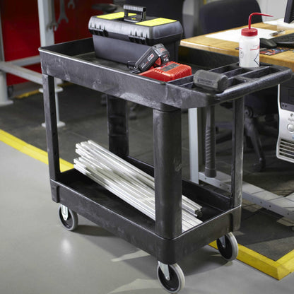 Rubbermaid Commercial Products 2-Shelf Utility/Service Cart, Small, Lipped Shelves, Storage Handle, 500 lbs. Capacity, for Warehouse/Garage/Cleaning/Manufacturing