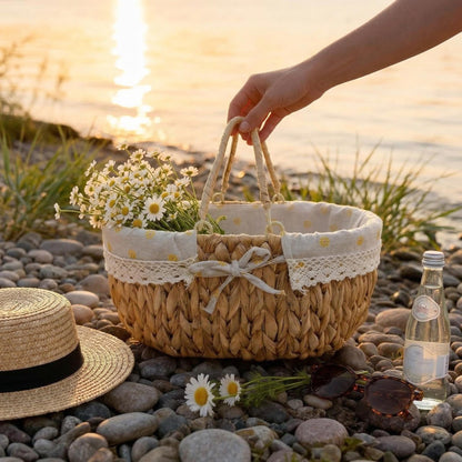Oval Wicker Picnic Basket with Folding Handles and Lining for 2, Handwoven Water Hyacinth Hamper,Willow Hand Woven Shopping Basket, Bath Storage Camping Outdoor Beach Gift