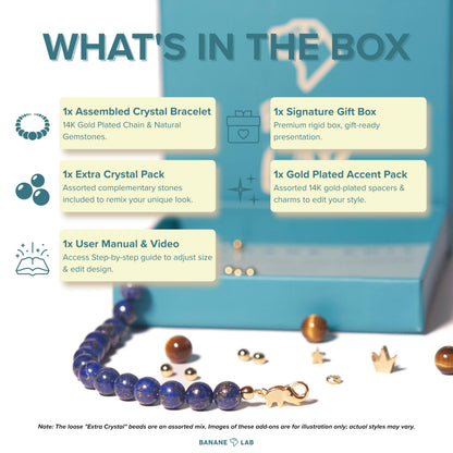 BANANE LAB Lapis Lazuli Bracelet | DIY Customizable Design | Natural 8mm Royal Blue Gemstone Beads on 14k Gold Plated Chain | Adjustable Third Eye Wisdom & Truth Jewelry Gift for Women