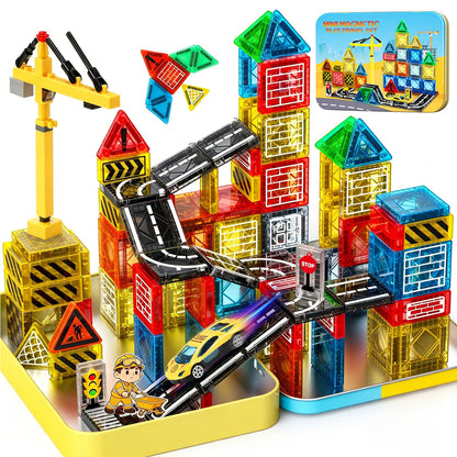 Magnetic Tiles - Construction Toys, Road Set Outdoor Travel Toys with Magnetic Crane & Car for Boys Age 3-5 4-8 8-10, Mini Magnet Building Blocks with Crane, Road, Traffic Lights, STEM Sensory Gifts