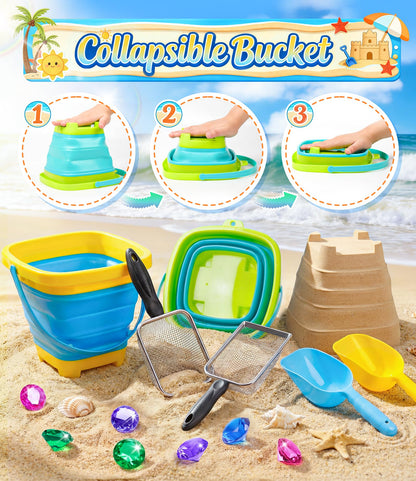 DISHIO Beach Toys for Kids, 25 Pcs Metal Sand Sifter & Collapsible Beach Buckets Set, Stainless Steel Sand Shovel, Sandcastle Building Kit with Mesh Bag, Travel Sand Toys for Toddlers Age 3-10