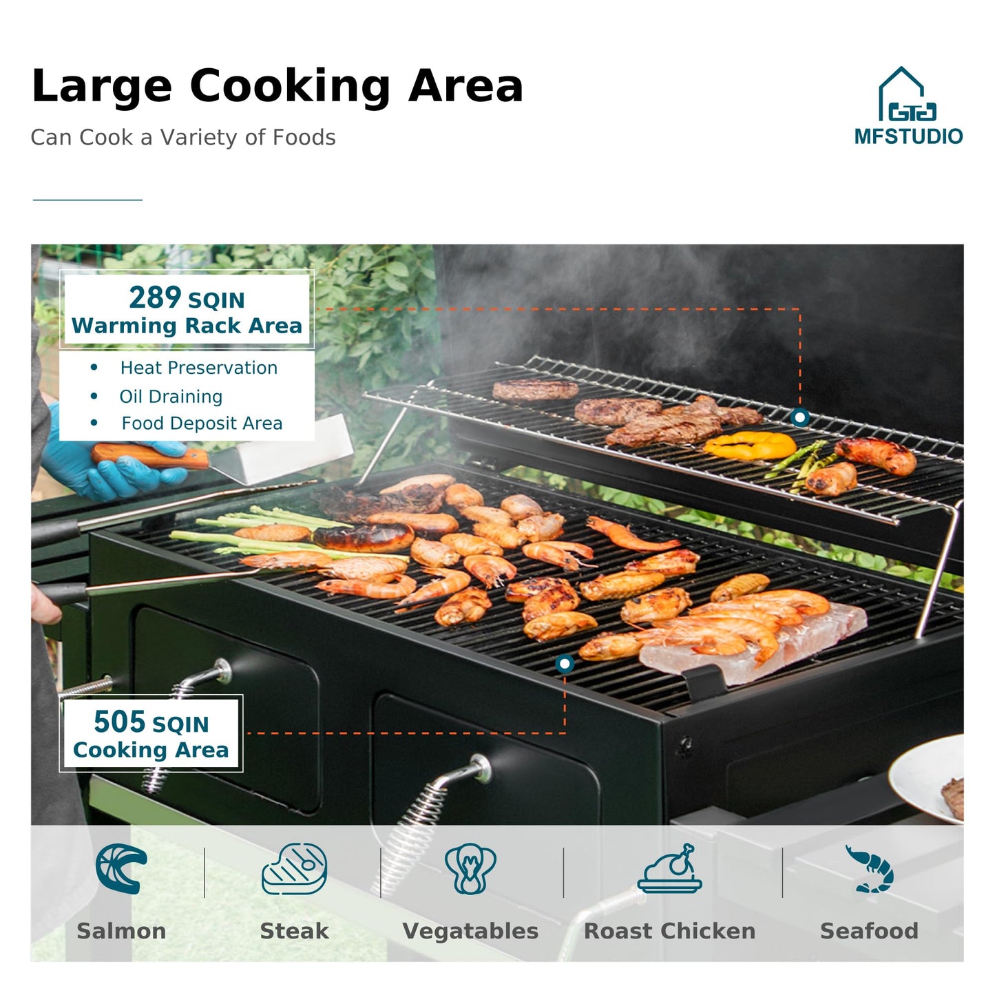 MFSTUDIO Multifunctional Extra Large 49 Inch BBQ Charcoal Grills with Temperature Control, Side Table and Easy Clean Ash Tray, Barrel Barbecue Grill for Multiple-family Household and Friends Party