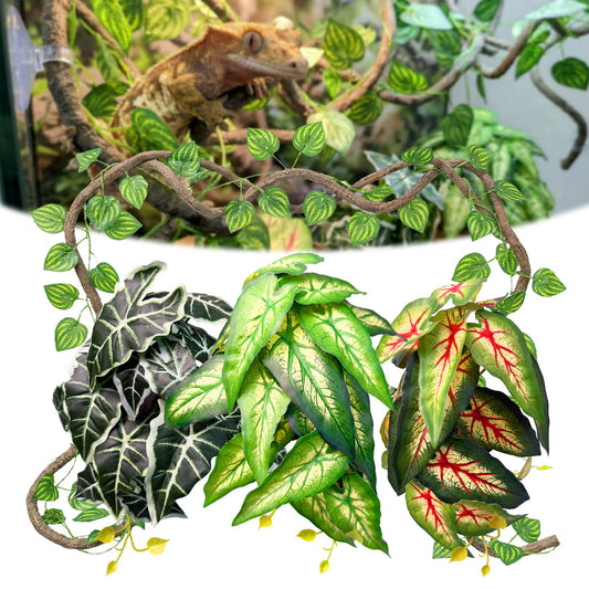 5 Pcs Reptile Plants & Habitat Decor Kit - 3 Artificial Plants & Large 3.3ft Jungle Vine Branch, TTerrarium Hanging Plants Vines for Crested Gecko, Leopard,Bearded Dragon, Lizard,Chameleon,Ball Python