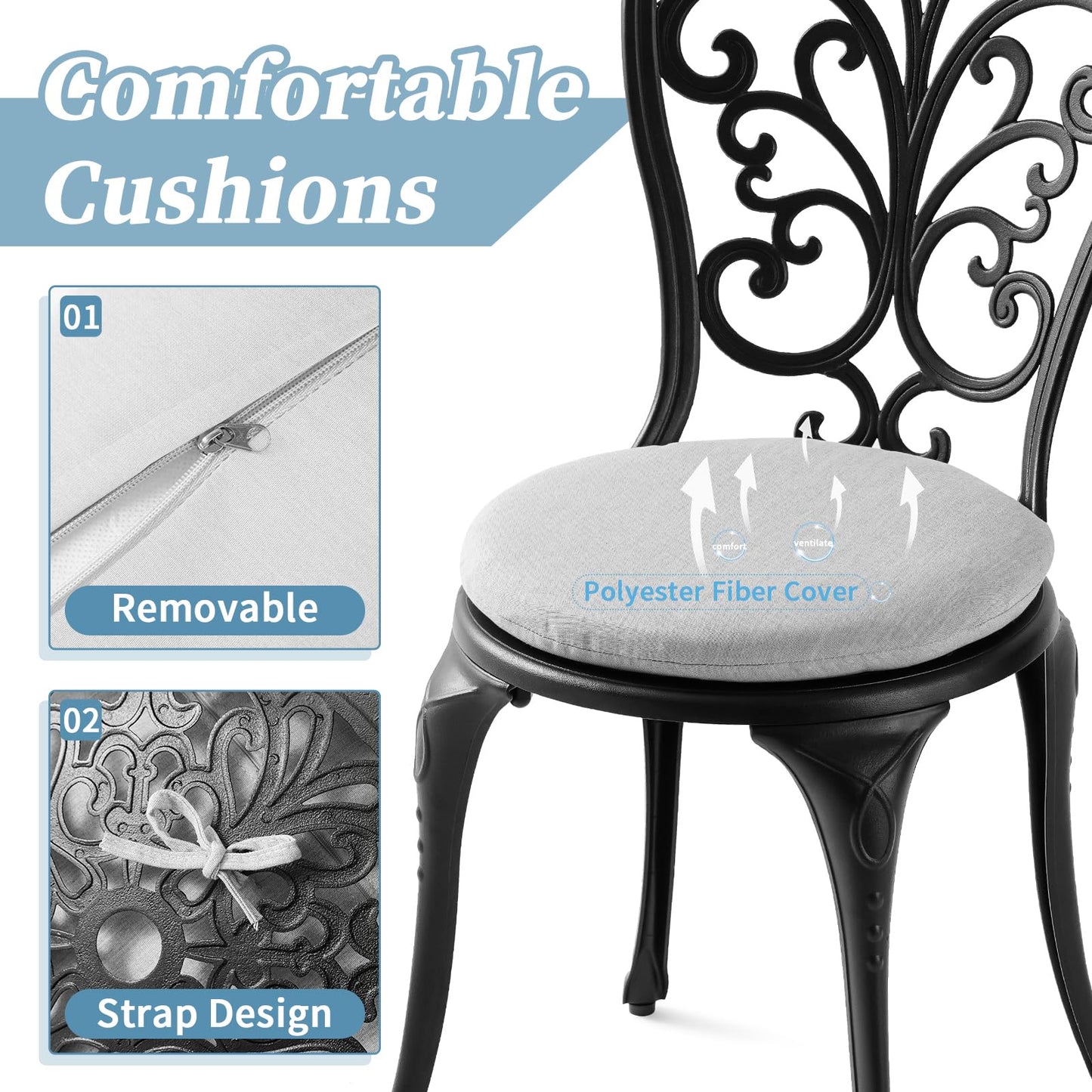 Withniture Patio Bistro Set 3 Piece with Cushions, All Weather Bistro Table and Chairs Set of 2 with Umbrella Hole, Outdoor Bistro Set, Cast Aluminum Patio Furniture Set for Garden Porch, Black