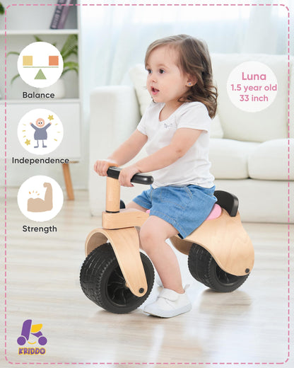KRIDDO Wooden Baby Balance Bike 1 Year Old, Wide Wheels for Stable and Smooth Ride, Boy Girl First Balance Bike Gift for 12 Month to 3 Year, Non-Sharp Parts, Soft Seat, Pink