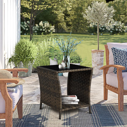 Elepude Outdoor Wicker Side Table Rattan Side Tables End Table for Patio with Glass Top Rattan Storage for Patio Garden Balcony