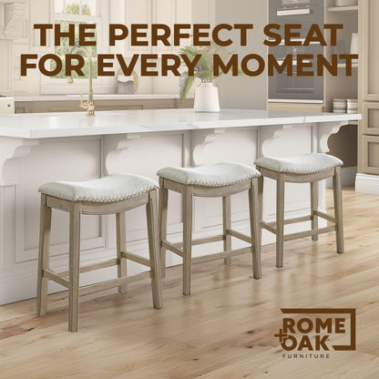 ROME + OAK Parker 26 Inch Counter Stool, Backless Saddle Kitchen Barstool in Reclaimed Oak Finish with Ash Grey Fabric Upholstery Cushion Seat