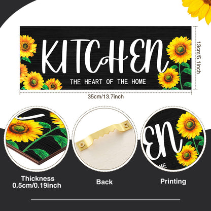 Yerliker 3 Pieces Sunflower Kitchen Decor Hello Summer Blessed Thankful Wooden Hanging Eat Signs Fork and Spoon Summer Farmhouse Wall Art Decor for Kitchen Home (Black, 13.78 x 5.12 Inch)
