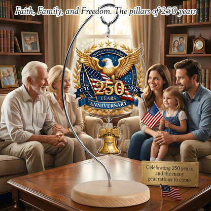 USA 250th Anniversary Tabletop Decor with Wooden Stand, American Patriotic Home Decor, Liberty Bell Ornament, 250 Anniversary USA Merchandise, Independence Day Desk Decoration, Gift for US Citizens
