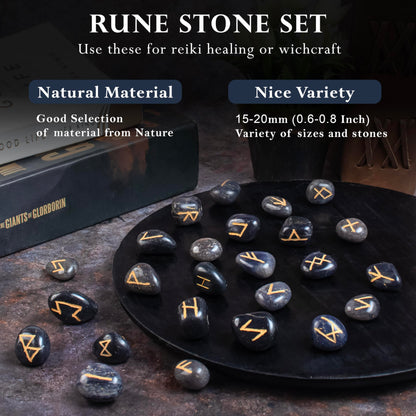 Crocon Blue Jade Rune Stones Set Engraved with Elder futhark Crystal Runes Set Reiki Healing runas for Meditation Chakra Balancing Stone for Beginners Crystal Guide & Pouch 15-20 mm