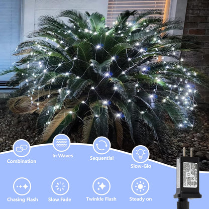 QITONG Net Lights Outdoor Mesh Lights, 12ft x 5ft 360 LED White Christmas Light with 8 Modes, Connectable Clear Wire Bush Light Plug in