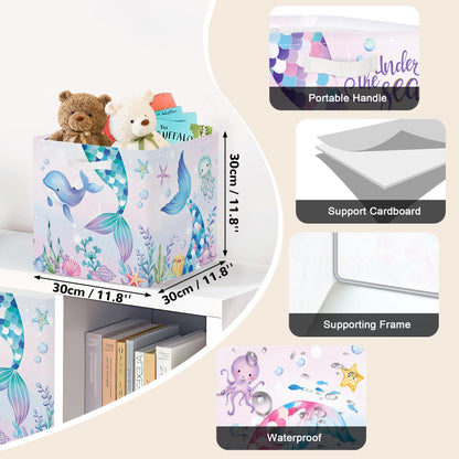 Clastyle Mermaid Tail Kid Storage Cube Organizer Set with Metal Frame Ocean Animal Turtle Closet Clothes Toy Storage Bin Nursery Toddler Girl Book Shelf Basket, Colorful Seaweed, 11.8x11.8x11.8 in