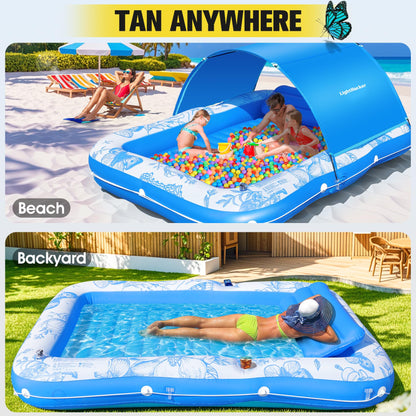 81"x60" Inflatable Tanning Pool Lounger Float with Canopy for Adult,Large Blow Up Sunbathing Bed & Water Raft,Butterfly Pool Floatie with Cup/Phone Holder,5 in 1 Floating Lounge for Pool,Lake,Backyard